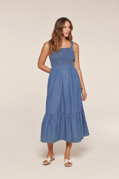 Denim Chambray Smocked Sleeveless Maternity Midi Dress