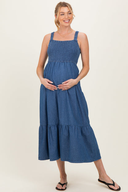 Denim Chambray Smocked Sleeveless Maternity Midi Dress