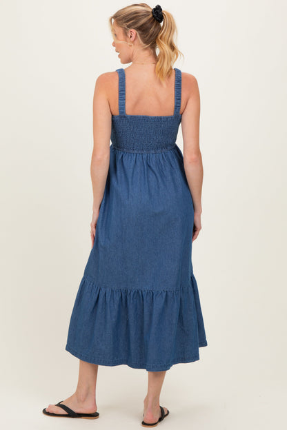 Denim Chambray Smocked Sleeveless Maternity Midi Dress