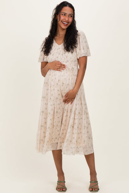 Cream Floral Chiffon Smocked Maternity Midi Dress