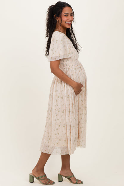 Cream Floral Chiffon Smocked Maternity Midi Dress