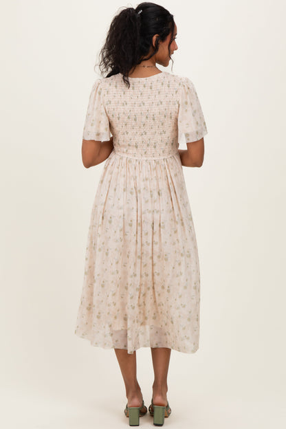 Cream Floral Chiffon Smocked Maternity Midi Dress
