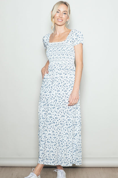 White Floral Smocked Puff Sleeve Maternity Maxi Dress