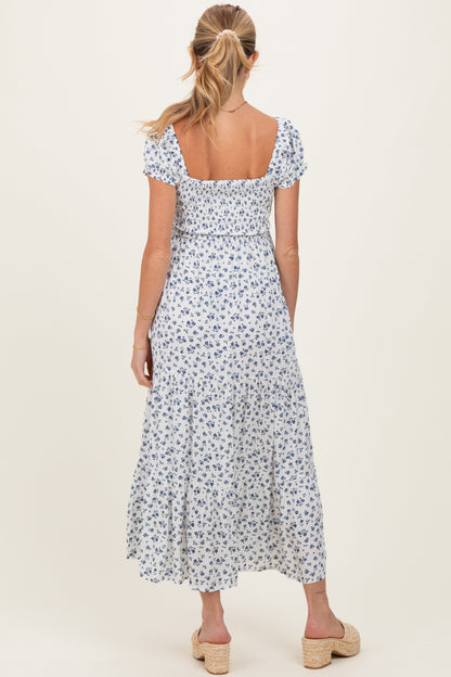 White Floral Smocked Puff Sleeve Maternity Maxi Dress