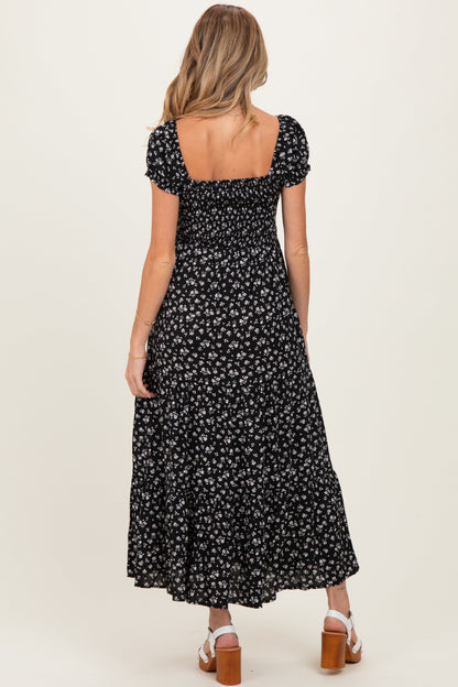 Black Floral Smocked Puff Sleeve Maternity Maxi Dress