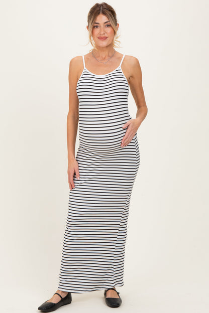 White Ribbed Knit Striped Sleeveless Maternity Maxi Dress