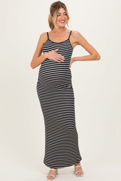 Black Ribbed Knit Striped Sleeveless Maternity Maxi Dress