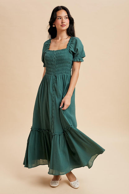 Forest Green Smocked Button Down Maternity Maxi Dress