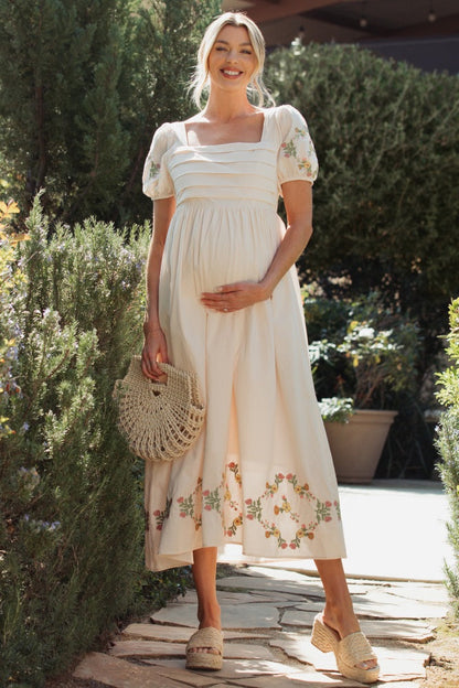Creme Embroidered Floral Pleated Bodice Maternity Maxi Dress