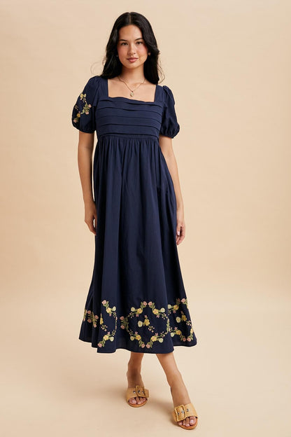 Navy Embroidered Floral Pleated Bodice Maternity Maxi Dress