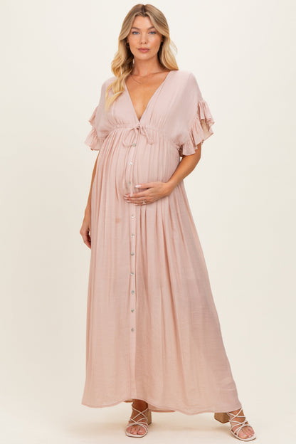 Light Pink Button Down Deep V-Neck Maternity Maxi Dress