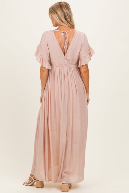 Light Pink Button Down Deep V-Neck Maternity Maxi Dress
