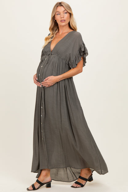 Olive Button Down Deep V-Neck Maternity Maxi Dress