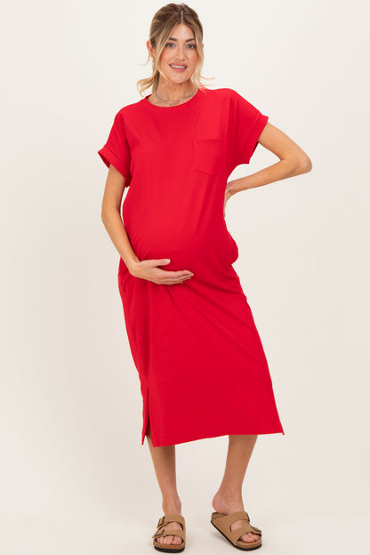 Red Pocket Front Maternity Midi T-Shirt Dress