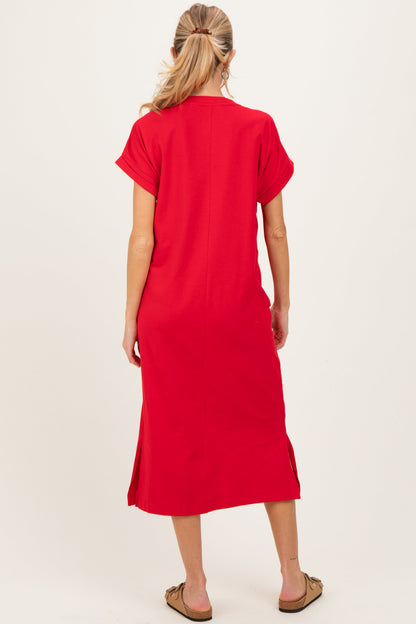 Red Pocket Front Maternity Midi T-Shirt Dress