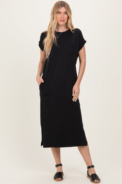 Black Pocket Front Maternity Midi T-Shirt Dress