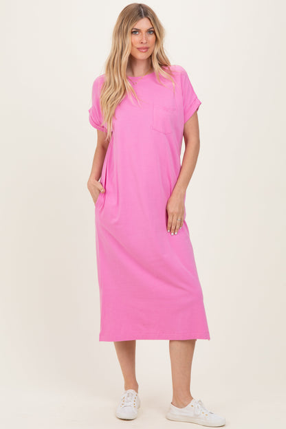 Pink Pocket Front Maternity Midi T-Shirt Dress