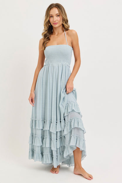 Light Blue Halter Smocked Ruffle Tier Hem Maternity Maxi Dress