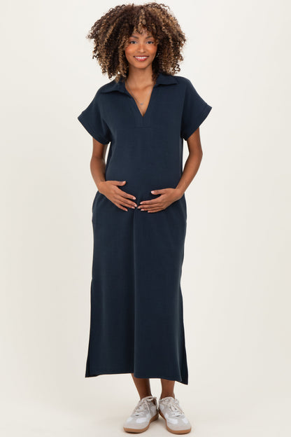 Navy Collared Short Sleeve Maternity Midi Dress