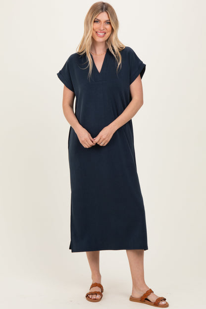 Navy Collared Short Sleeve Maternity Midi Dress