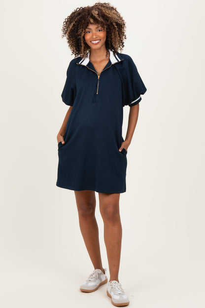 Navy Half Zip Puff Sleeve Maternity Mini Dress