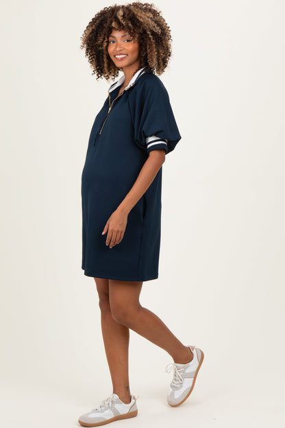 Navy Half Zip Puff Sleeve Maternity Mini Dress