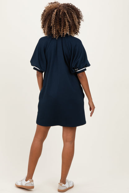 Navy Half Zip Puff Sleeve Maternity Mini Dress