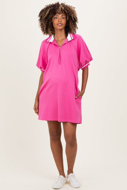 Hot Pink Half Zip Puff Sleeve Maternity Mini Dress