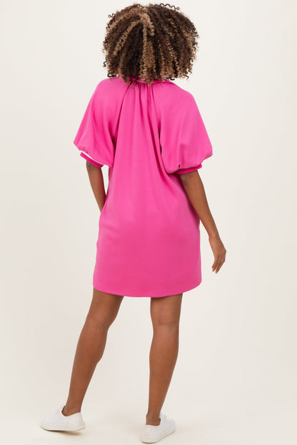 Hot Pink Half Zip Puff Sleeve Maternity Mini Dress