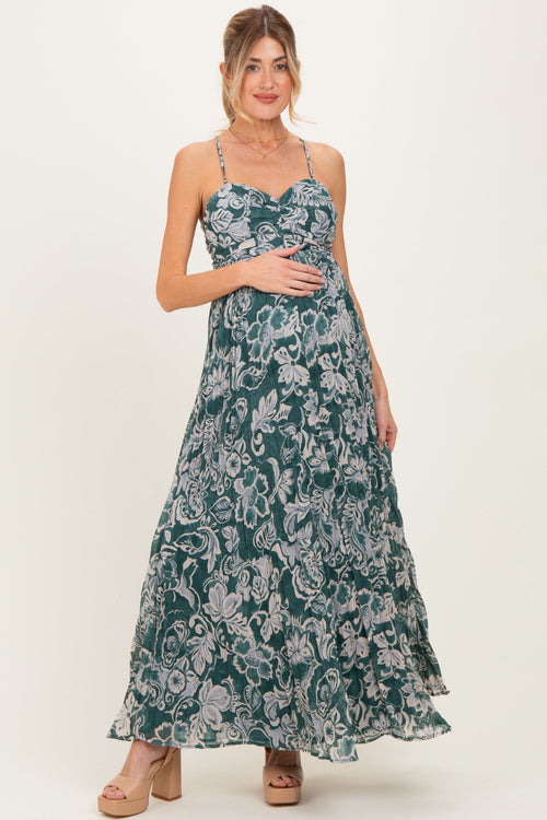 Teal Floral Sleeveless Maternity Maxi Dress