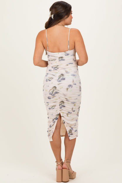 Cream Floral Mesh Ruched Maternity Midi Dress