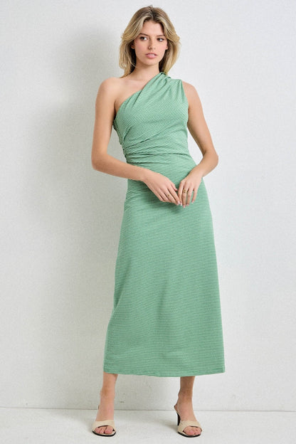 Green Striped One Shoulder Maternity Midi Dress