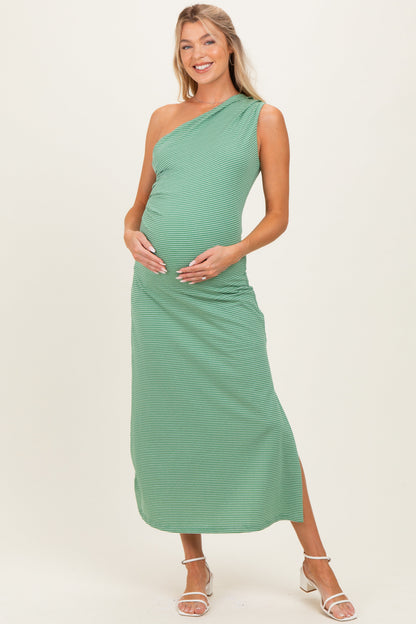Green Striped One Shoulder Maternity Midi Dress