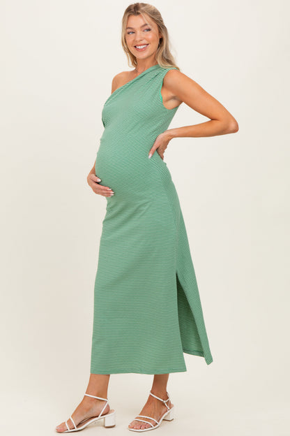 Green Striped One Shoulder Maternity Midi Dress