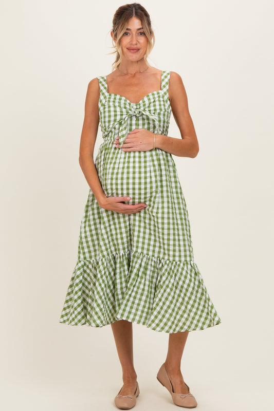 Green Gingham Front Tie Halter Maternity Midi Dress