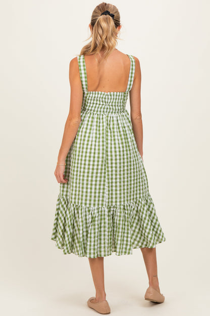 Green Gingham Front Tie Halter Maternity Midi Dress