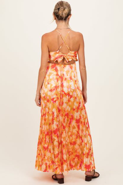 Orange Floral Pleated Sleeveless Maternity Maxi Dress