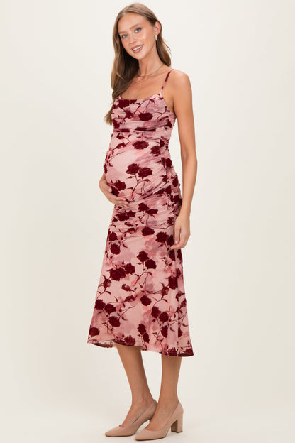 Pink Rose Floral Mesh Ruched Maternity Midi Dress