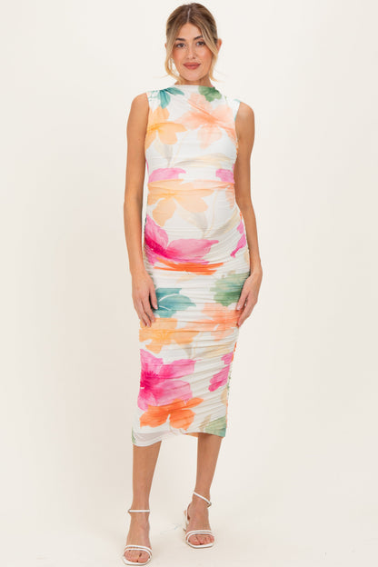 Multicolor Floral Ruched Sleeveless Maternity Midi Dress