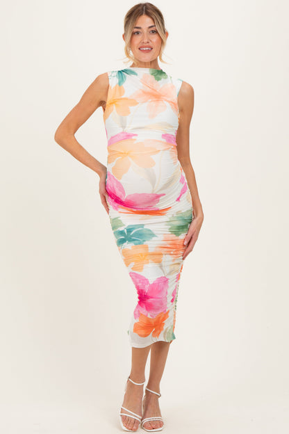 Multicolor Floral Ruched Sleeveless Maternity Midi Dress