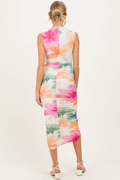 Multicolor Floral Ruched Sleeveless Maternity Midi Dress