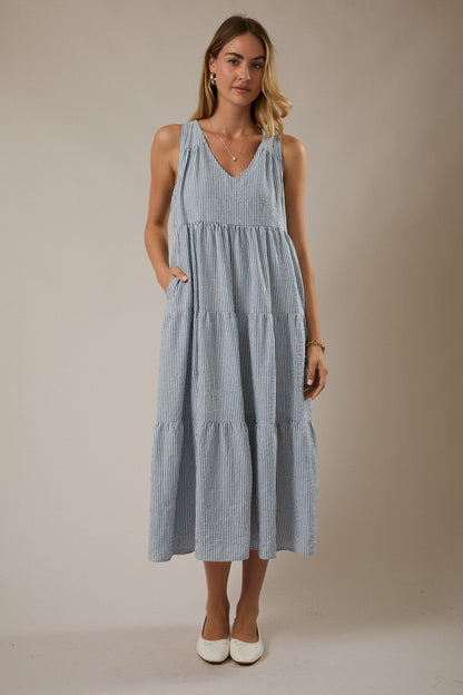 Blue Striped V-Neck Sleeveless Tiered Maternity Midi Dress