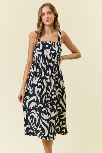 Black Printed Button Down Sleeveless Maternity Midi Dress