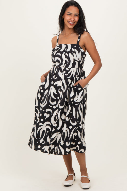 Black Printed Button Down Sleeveless Maternity Midi Dress