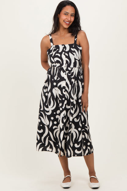 Black Printed Button Down Sleeveless Maternity Midi Dress