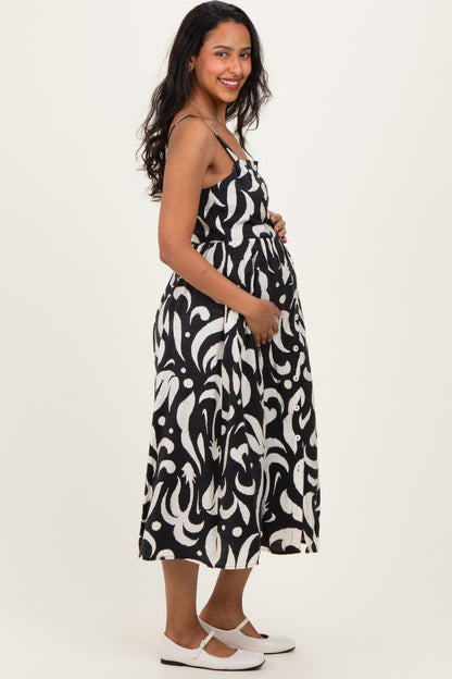 Black Printed Button Down Sleeveless Maternity Midi Dress