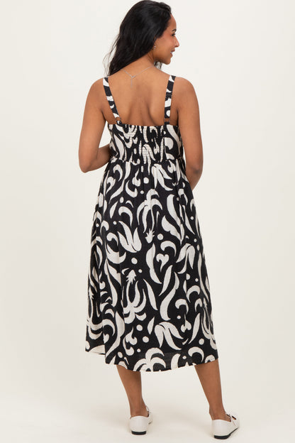 Black Printed Button Down Sleeveless Maternity Midi Dress