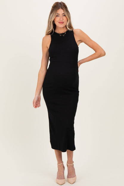 Black Knit Open Tie Back Sleeveless Maternity Midi Dress