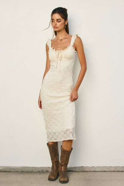 Cream Lace Ruffle Accent Sleeveless Maternity Midi Dress
