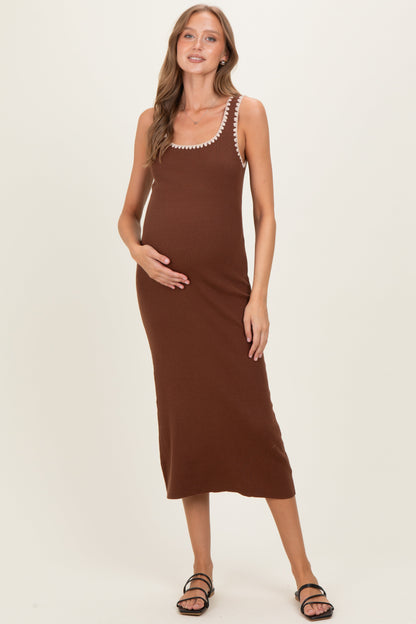 Brown Contrast Stitch Detail Ribbed Maternity Sweater Dress